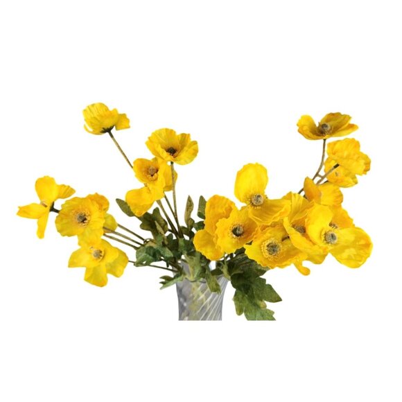 Yellow Artificial Poppy Flower Stems Silk & Plastic Foliage Single Stem Realisti - Picture 9 of 13